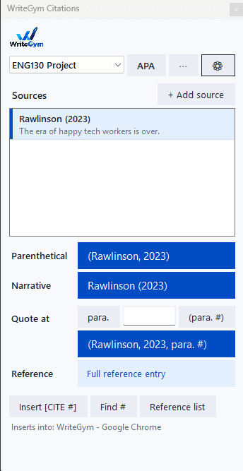 The WriteGym Citation Tool palette: a paper selector with an APA/MLA switch, a source list, and buttons that insert the parenthetical citation, the narrative citation, a quote with a page number, and the full reference entry.
